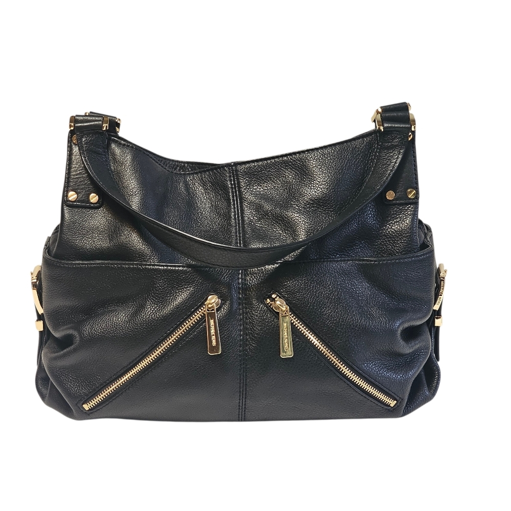 Michael Kors Portland Black Leather Large Shoulder Bag Tote Purse Gold Hardware - Picture 2 of 14